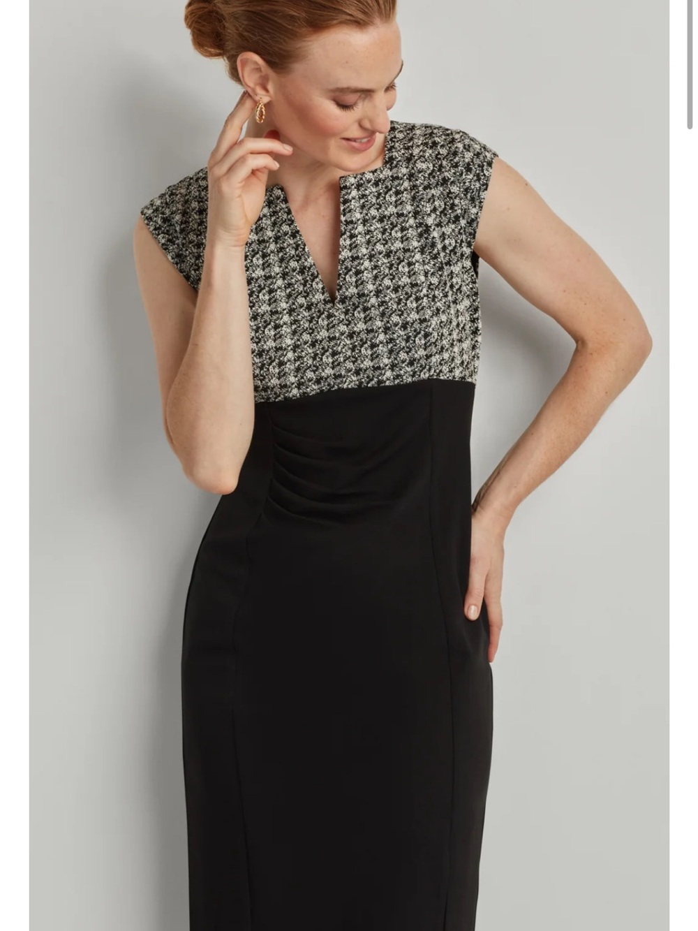 Ellen Tracy Black and White Tweed-Yoke Midi Sheath Dress